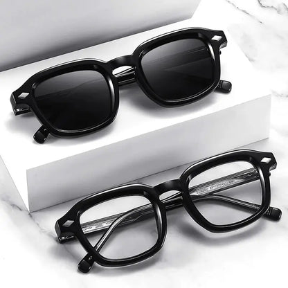 Two black square-frame sunglasses with retro rivet accents, thick frames and dark lenses, UV400 – Astroshadez