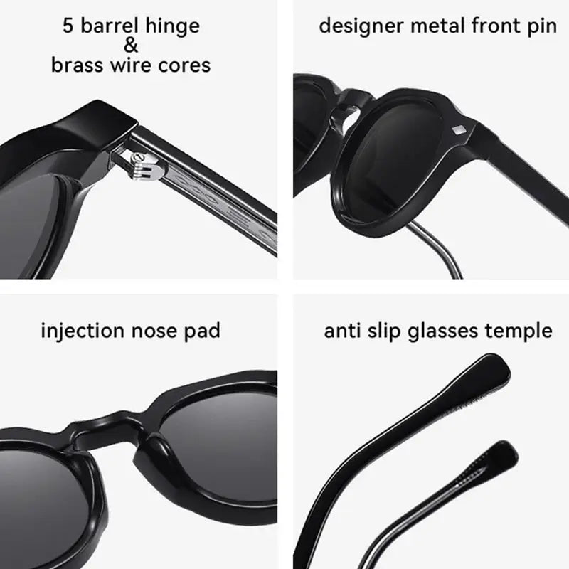 SHAUNA retro round sunglasses with black frame and dark lenses; metal front pin, anti-slip temples – Astroshadez