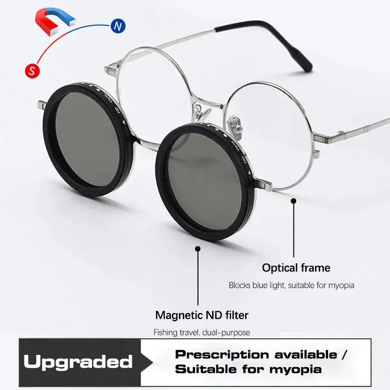 SHAUNA round metal sunglasses with magnetic ND9 clip-on lenses, silver frame, dark grey lenses – Astroshadez