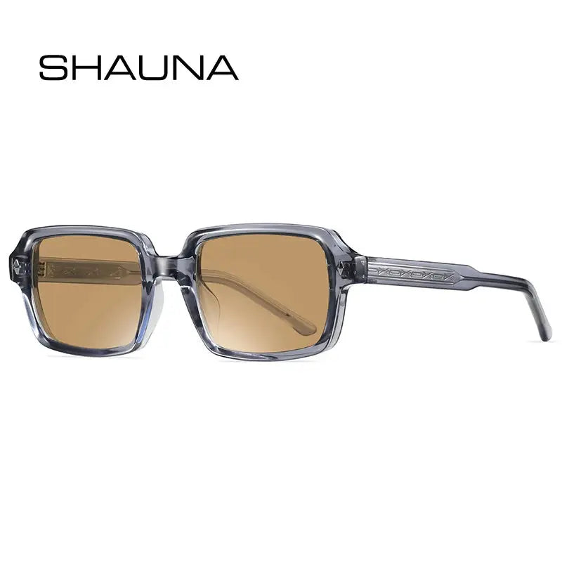 SHAUNA square sunglasses with translucent gray frame and amber gradient lenses, retro rivet temples – Astroshadez