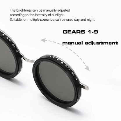 Round black frame magnetic clip-on sunglasses with adjustable ND9 dimming, polarized, UV400 – Astroshadez