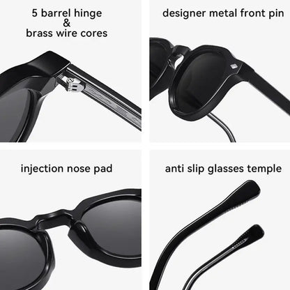 SHAUNA retro round sunglasses with black frame, dark lenses, metal front rivets, injection nose pads – Astroshadez
