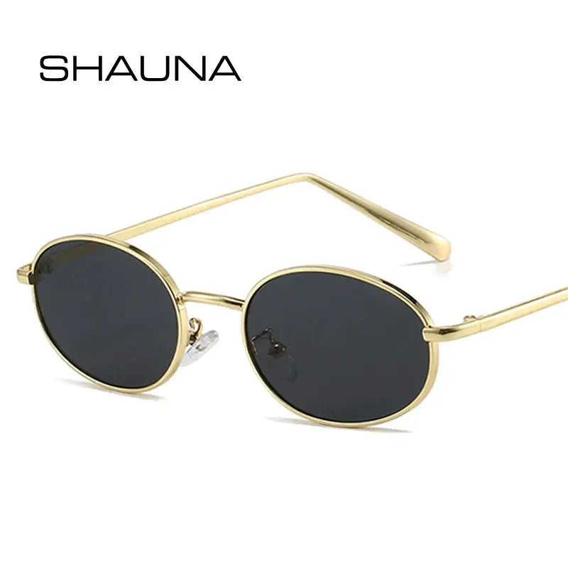 SHAUNA retro small oval metal frame sunglasses with gold finish and dark UV400 lenses – Astroshadez