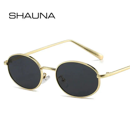 SHAUNA retro small oval metal frame sunglasses with gold finish and dark UV400 lenses – Astroshadez