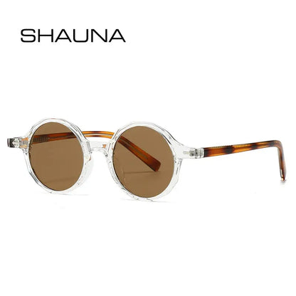 SHAUNA round sunglasses with clear frame, brown UV400 lenses and tortoiseshell temples – Astroshadez