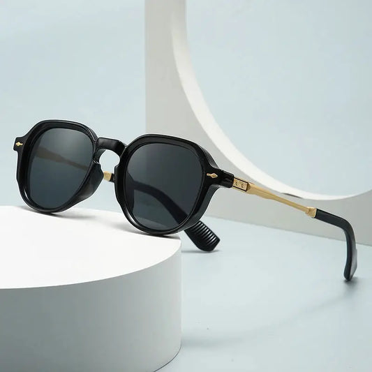 SHAUNA Retro Oval Sunglasses, black frame with gold rivet accents and gradient UV400 lenses – Astroshadez