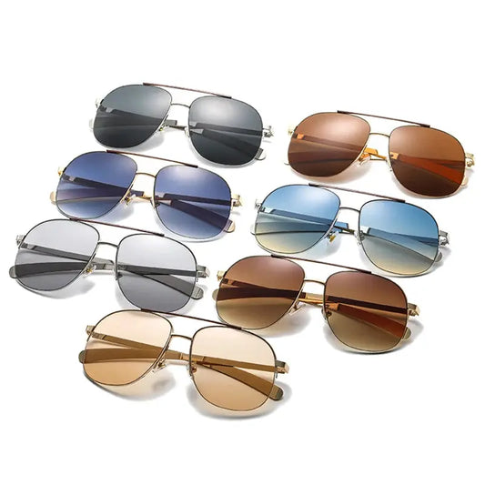 SHAUNA retro metal double-bridge aviator sunglasses; eight pairs in mixed frame colors with gradient lenses – Astroshadez