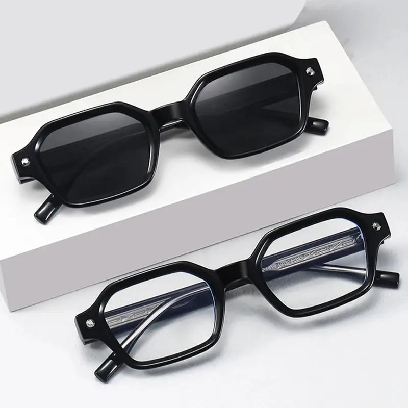 Two black polygon-square sunglasses with rivet corners; one solid dark lens, the other blue gradient lens – Astroshadez