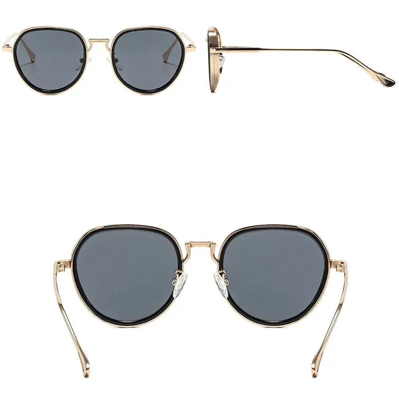 SHAUNA sunglasses: two gold metal-frame designs with dark gray gradient lenses (oval and round) – Astroshadez