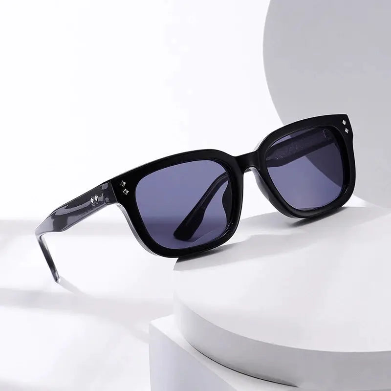 SHAUNA square black sunglasses with rivet accents and gradient purple-blue lenses, UV400 – Astroshadez