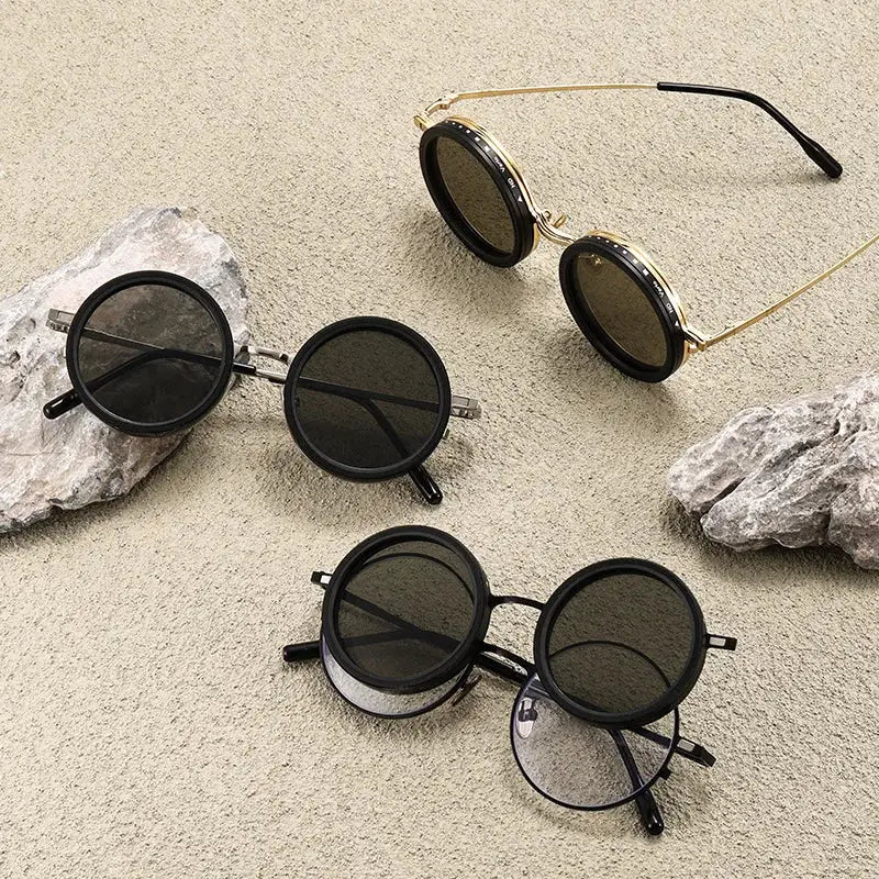 SHAUNA round sunglasses set: three pairs, two black frames and one gold-tone frame with dark lenses – Astroshadez