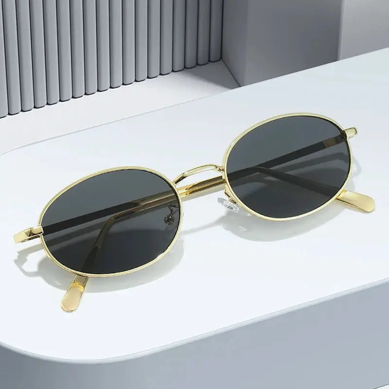 SHAUNA retro small oval metal-frame sunglasses with gold frames and dark UV400 lenses – Astroshadez