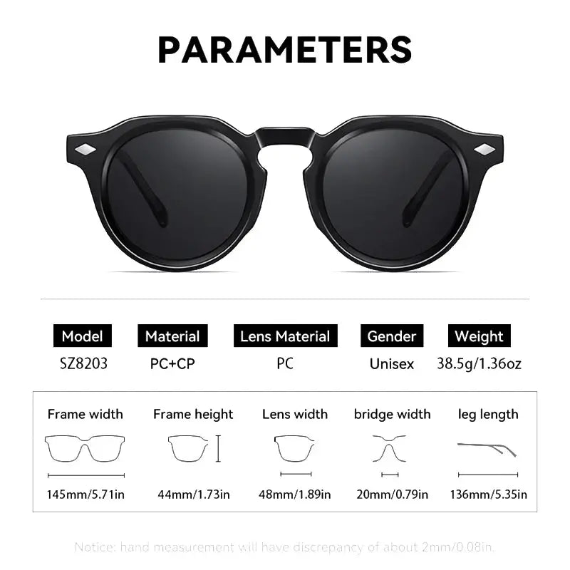 Round sunglasses, black frame with rivet accents, dark lenses, retro unisex style– Astroshadez