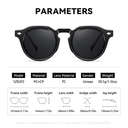 Round sunglasses, black frame with rivet accents, dark lenses, retro unisex style– Astroshadez
