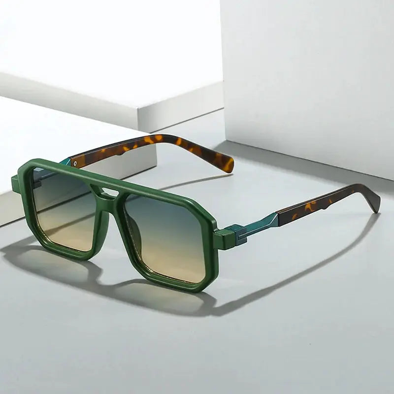 SHAUNA New Double Bridges Square Sunglasses with green frame, tortoiseshell temples, gradient UV400 lenses – Astroshadez