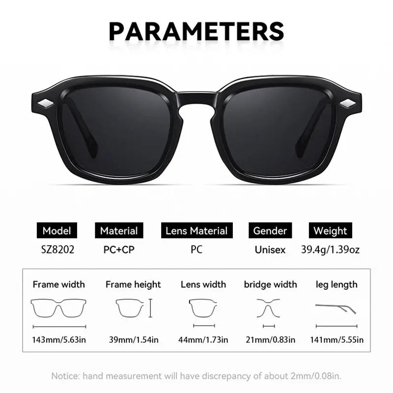 Sunglasses, square black frame with rivet accents, dark gray lenses, unisex retro punk style – Astroshadez