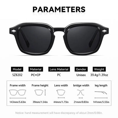Sunglasses, square black frame with rivet accents, dark gray lenses, unisex retro punk style – Astroshadez