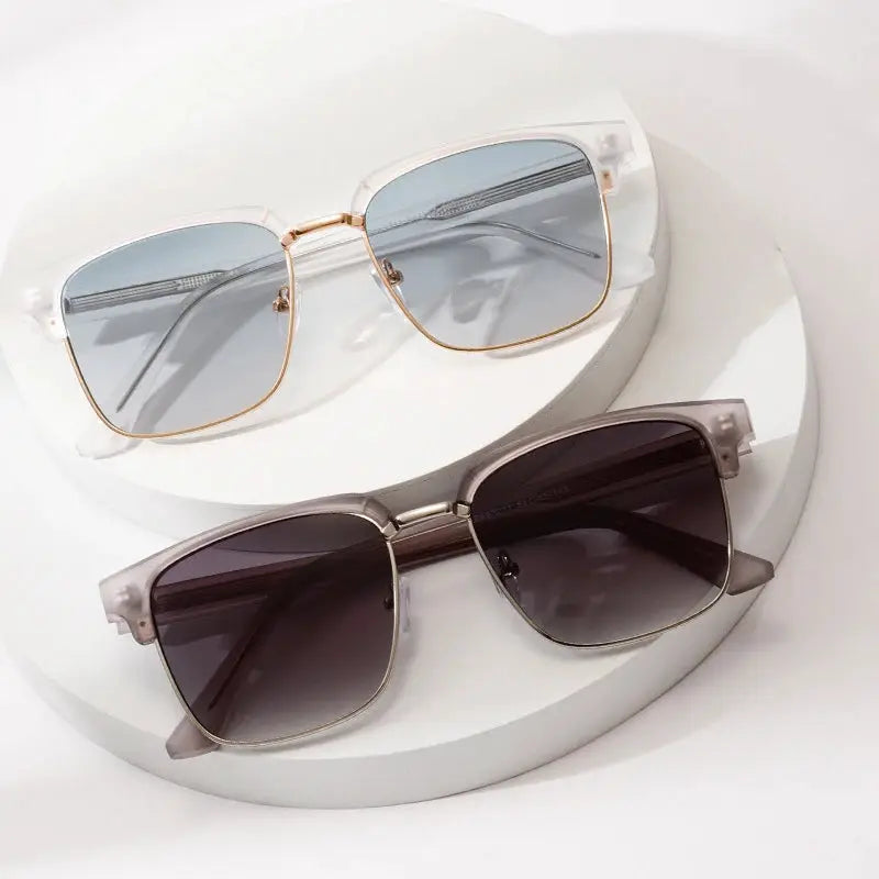 SHAUNA Retro Square Semi-Metal Sunglasses, 2 styles: gold-tone blue-gradient and translucent gray gradient – Astroshadez