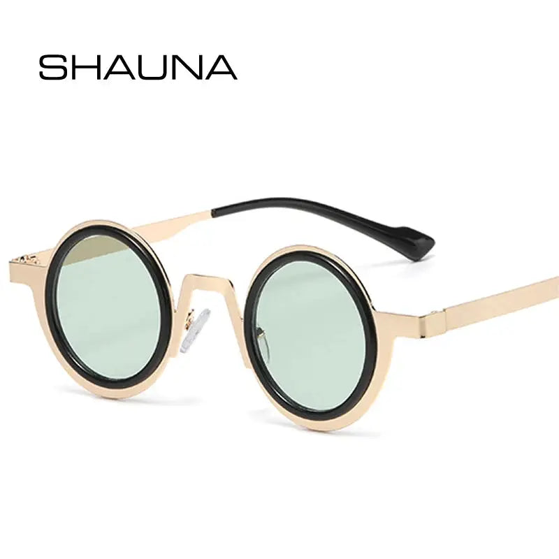 SHAUNA retro round metal sunglasses with gold-tone frame and black rim, green UV400 lenses – Astroshadez