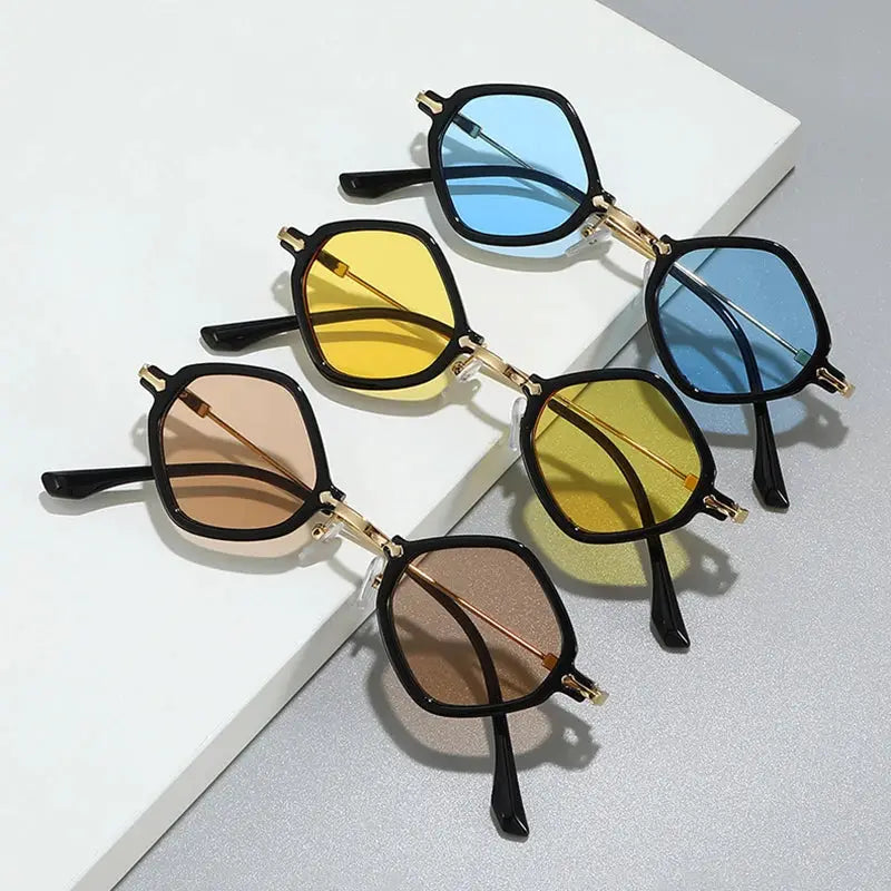 SHAUNA retro small polygon square sunglasses; six black-frame pairs with blue, yellow, peach lenses – Astroshadez