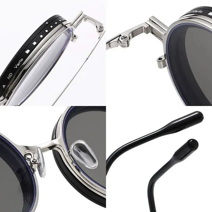 SHAUNA sunglasses with silver metal round frames and dark polarized lenses; magnetic clip ND9 rotating dimming – Astroshadez