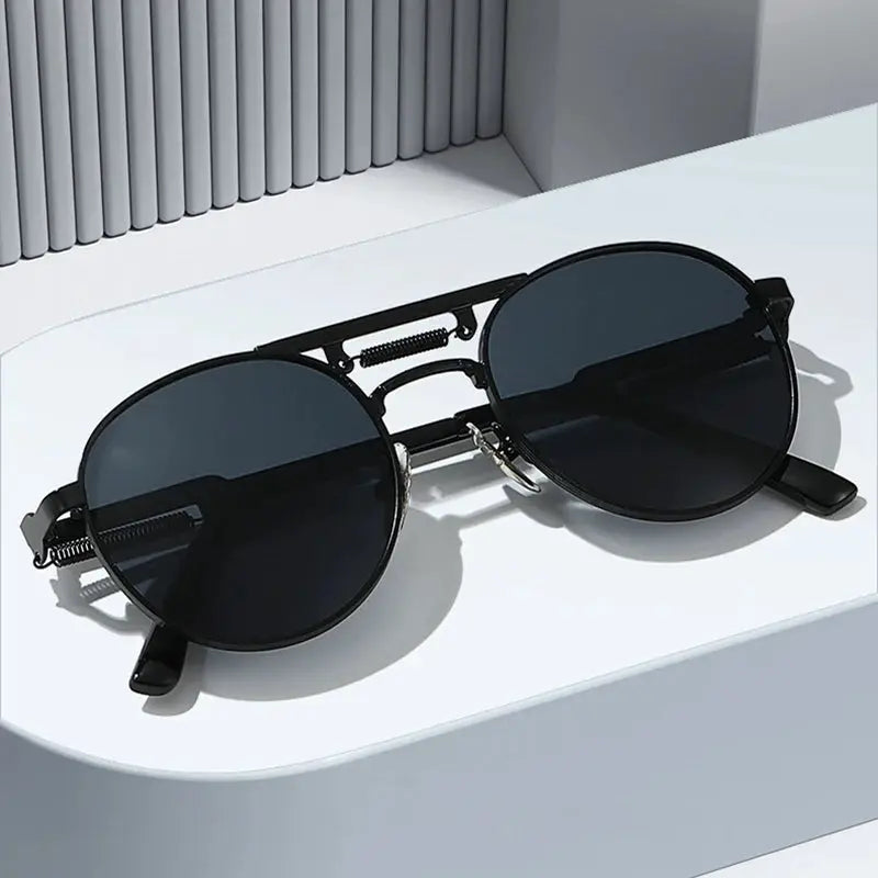 SHAUNA retro metal round sunglasses with black frame, dark gradient lenses and spring hinges – Astroshadez