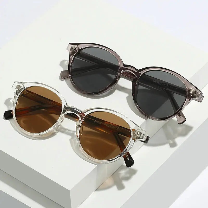 SHAUNA round sunglasses: 2 pairs—clear-frame with brown lenses, mauve translucent frame with dark lenses – Astroshadez