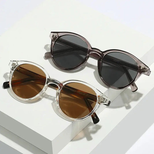 SHAUNA round sunglasses: 2 pairs—clear-frame with brown lenses, mauve translucent frame with dark lenses – Astroshadez