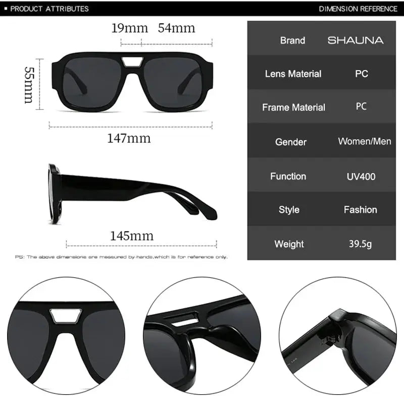 SHAUNA fashion double-bridges square sunglasses with black frame and dark lenses, UV400 – Astroshadez