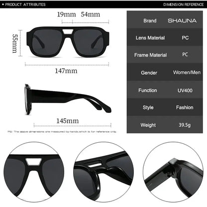 SHAUNA fashion double-bridges square sunglasses with black frame and dark lenses, UV400 – Astroshadez