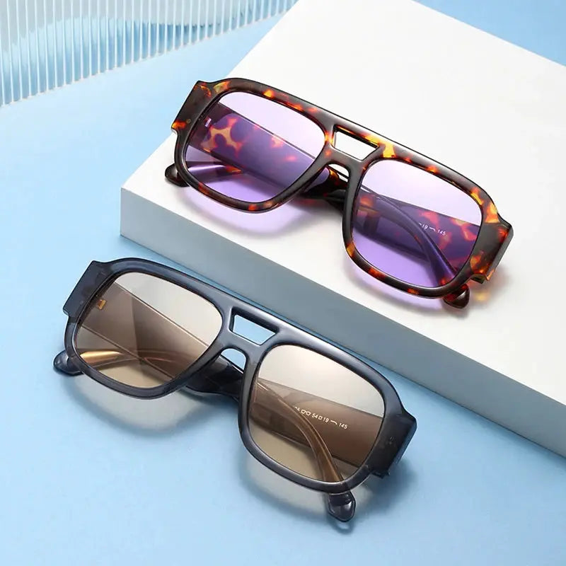 Two SHAUNA double-bridge square sunglasses: tortoiseshell candy frame with purple lenses – Astroshadez
