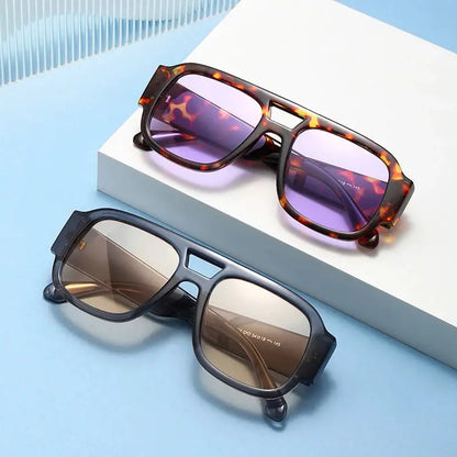 Two SHAUNA double-bridge square sunglasses: tortoiseshell candy frame with purple lenses – Astroshadez