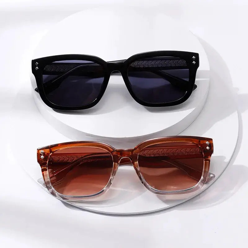 SHAUNA square sunglasses set (2): black rivet-accented frames with dark lenses; brown gradient frames – Astroshadez