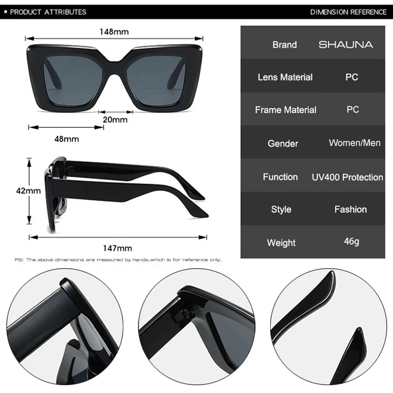 SHAUNA Fashion Oversized Square Sunglasses Women Eyewear Shades UV400 Men Trending Anti-blue Light Frames