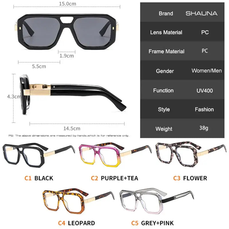 SHAUNA double-bridges square sunglasses, black frame with grey gradient lenses, UV400 – Astroshadez