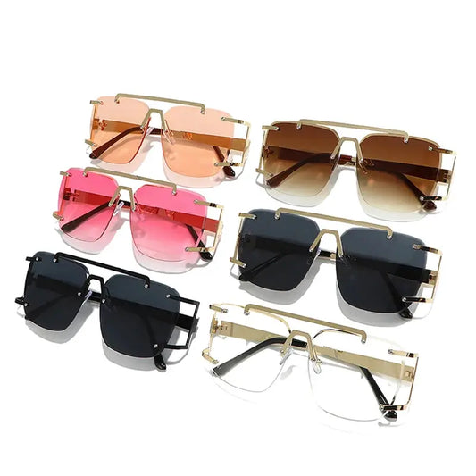 SHAUNA retro gold-tone metal double-bridge square sunglasses, rimless with gradient lenses, six colorways – Astroshadez