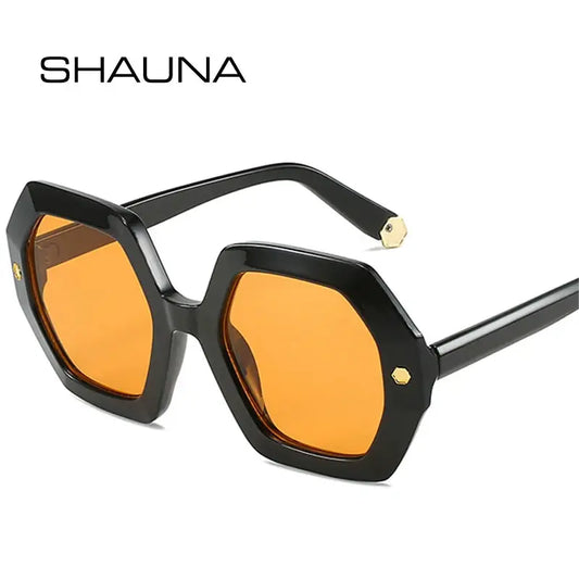 SHAUNA Vintage Polygon Square Sunglasses, black frame with orange UV400 lenses and gold rivet accents – Astroshadez