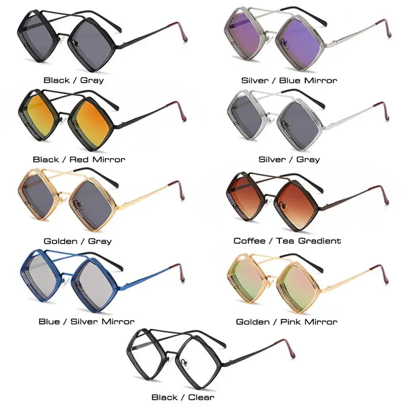 SHAUNA Retro Steampunk Sunglasses, metal hollow-frame in nine colorways with gradient/mirror UV400 lenses – Astroshadez
