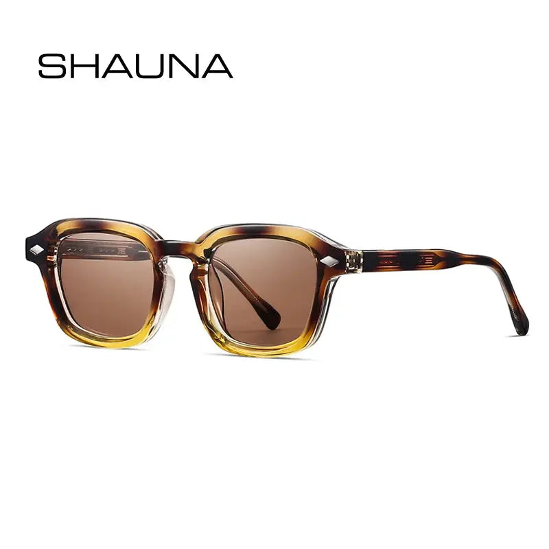 SHAUNA square-frame sunglasses in tortoiseshell amber with brown gradient lenses, retro rivet accents – Astroshadez