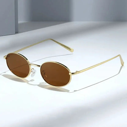 SHAUNA retro small oval metal frame sunglasses with brown lenses and a gold-tone frame, UV400 – Astroshadez