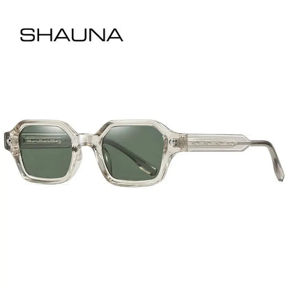 SHAUNA small polygon square sunglasses with clear frame, green gradient lenses, rivet accents – Astroshadez