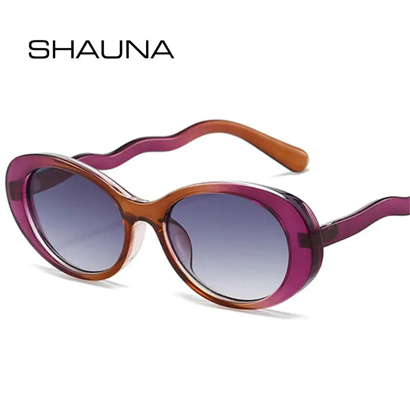 SHAUNA oval sunglasses with orange-brown front and purple temples, gradient blue lenses – Astroshadez