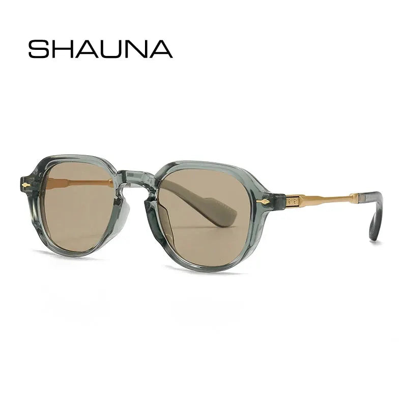SHAUNA Retro Oval Sunglasses, translucent gray-green frame, brown gradient lenses, gold rivet temples – Astroshadez