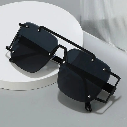 SHAUNA retro metal double-bridges square sunglasses, black frame with dark ocean gradient lenses – Astroshadez