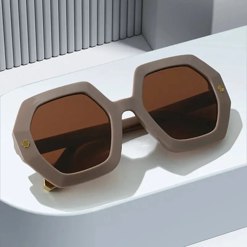 SHAUNA vintage polygon-square sunglasses, taupe frame, brown gradient lenses, metal rivet accents – Astroshadez