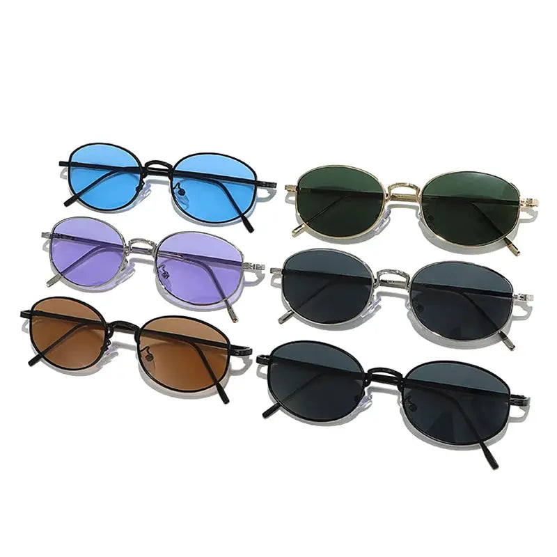Six oval metal sunglasses in assorted lens colors (blue, purple, brown, green, gray, black) – Astroshadez