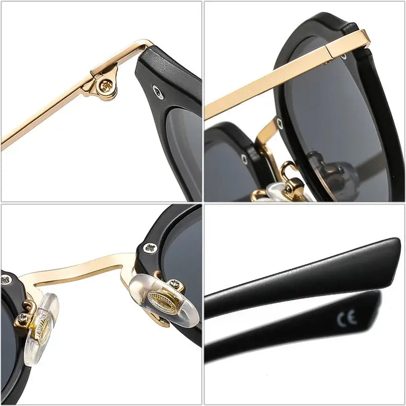 Oval black-frame sunglasses with gold-tone metal temples, grey gradient lenses, adjustable clear nose pads – Astroshadez