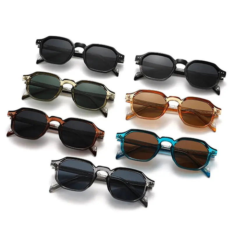 SHAUNA polygon-square polarized sunglasses in black, olive, brown, orange, teal, and gray frames with retro rivets and dark lenses – UV400 – Astroshadez