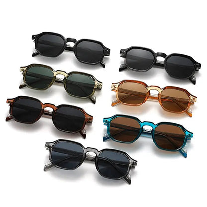 SHAUNA polygon-square polarized sunglasses in black, olive, brown, orange, teal, and gray frames with retro rivets and dark lenses – UV400 – Astroshadez