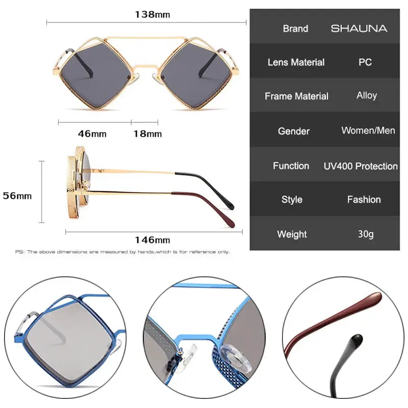 SHAUNA retro steampunk sunglasses with gold hollow metal square frames and gradient mirror lenses, UV400 – Astroshadez